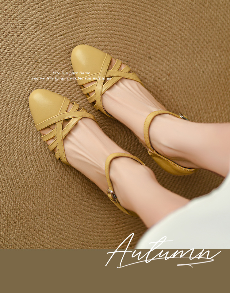 Sandal nữ quai hậu mũi nhọn retro da bò gót 5 cm kiểu La Mã — Màu trắng nhạt chi tiết 2