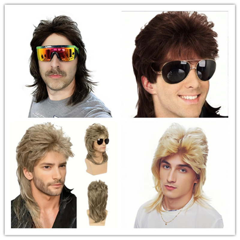 Men's Mullet Wig Brown Curly Hair 80s Vintage Cosplay Halloween Wig Cross-border European and American Wig Men's Mullet Wig Brown Curly Hair 80s Vintage Cosplay Halloween Wig Cross-border European and American Wig
