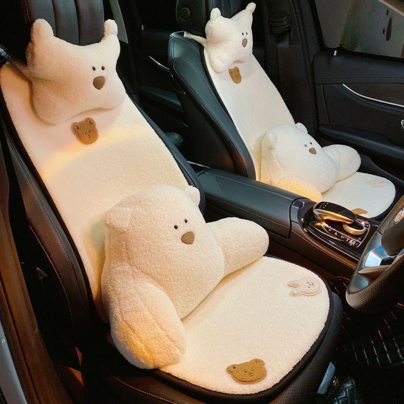 汽车坐垫四季通用卡通小熊短毛绒车用座垫秋冬款防滑车座椅靠垫女