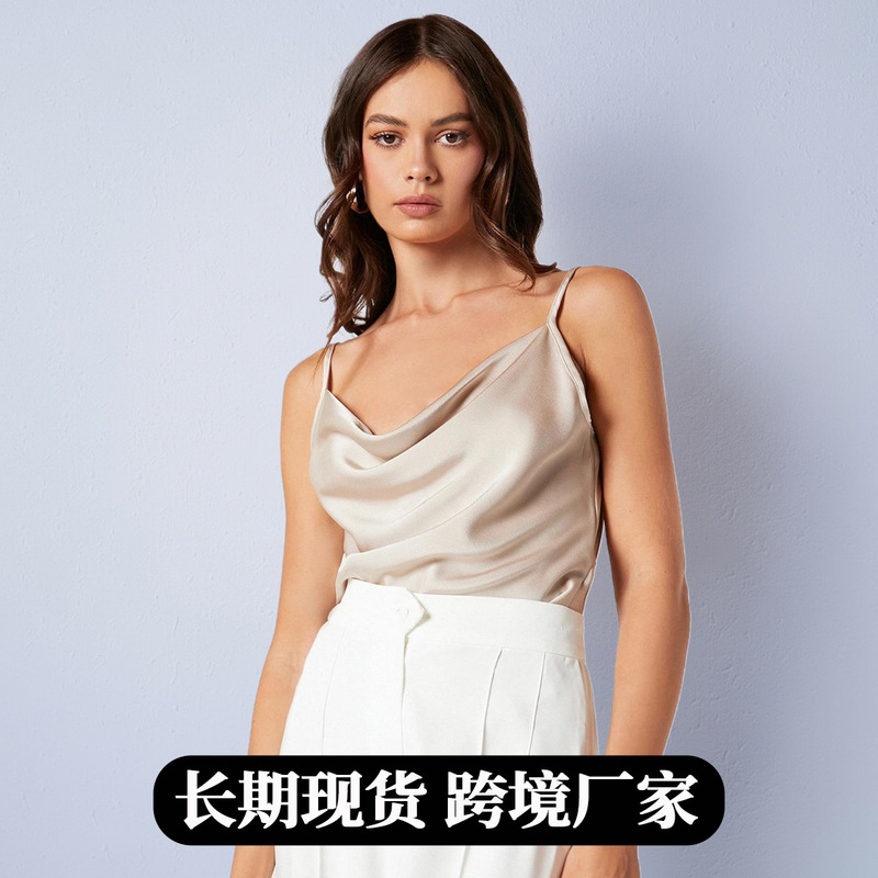 Amazon Women's Clothing Japanese Satin Camisole with Ruched Collar, Sexy Base Layer, Draped Collar Short Top for Autumn