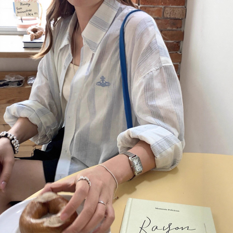 Empress Linen Shirt Saturn Embroidery Vertical Striped Sunscreen Shirt Women's Mid-Length Loose Slim Korean Style Shirt