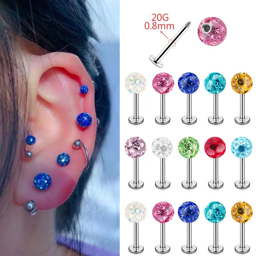 0.8细针不锈钢包膜满钻球唇钉耳钉20GT字耳骨钉韩版简约穿刺饰品