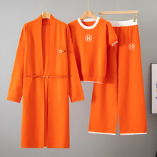 跨境新款秋冬慵懒风休闲时尚女装针织长款披肩开衫毛衣阔腿裤三件