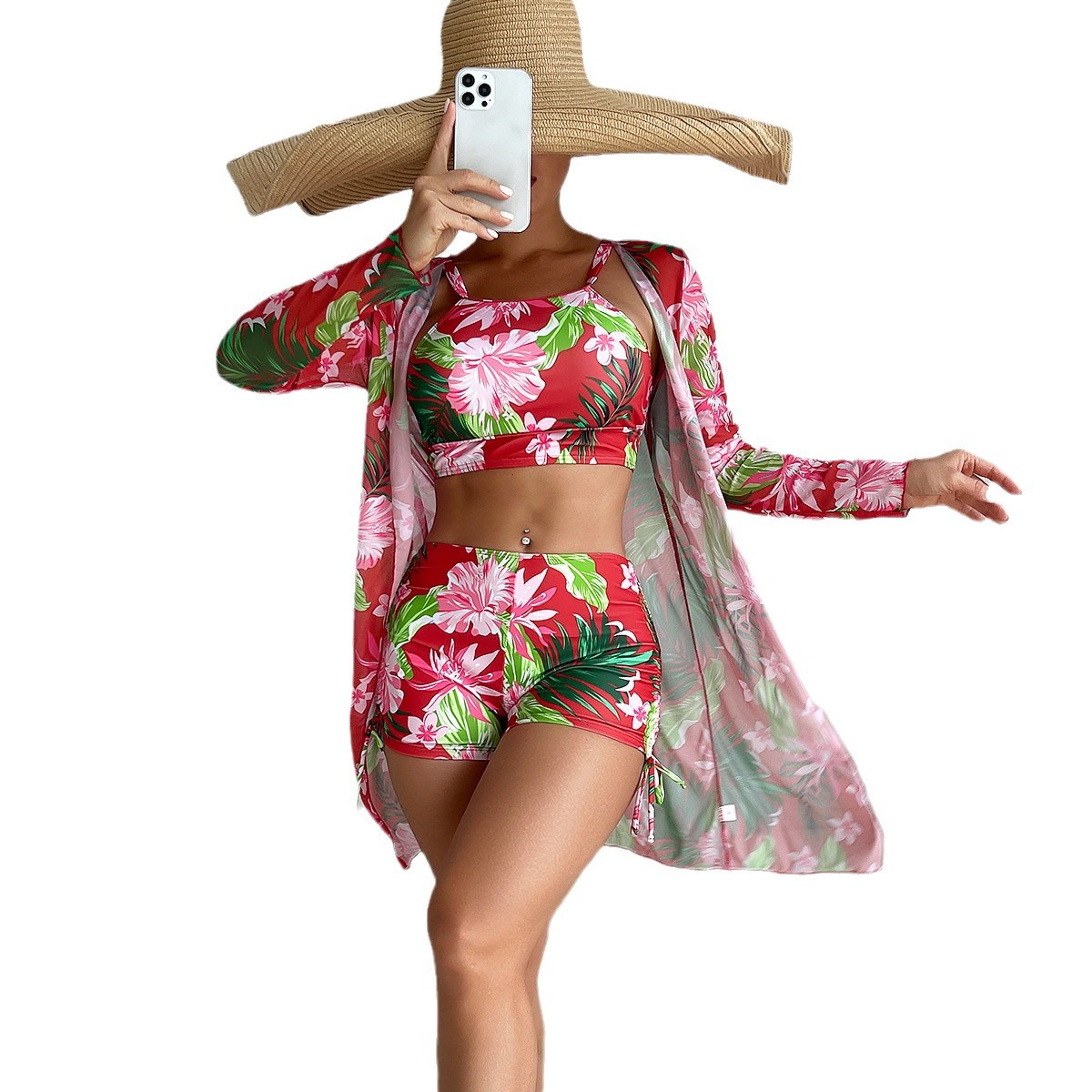 Mingyi 2024 nueva moda europea y americana multicolor impreso sexy Bikini traje de baño de tres piezas para mujer