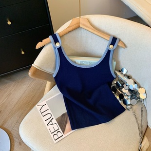 Recommended for Personal Use ~ Contrast Color Strap Buckle Knitted Vest for Women's Summer Outer Wear Design Pure Ice Silk Suspender Top