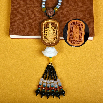 Boxwood with Carved Guanyin Buddha, Large: Car hanging - mazu-empress