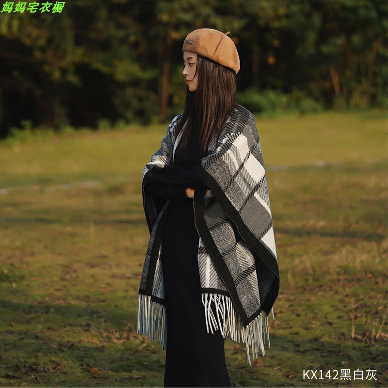 Chaqueta de abrigo de capas de bordas a cuadros franceses de otoño para mujeres con un pequeño chal de lana con una bufalla de abrigo grueso