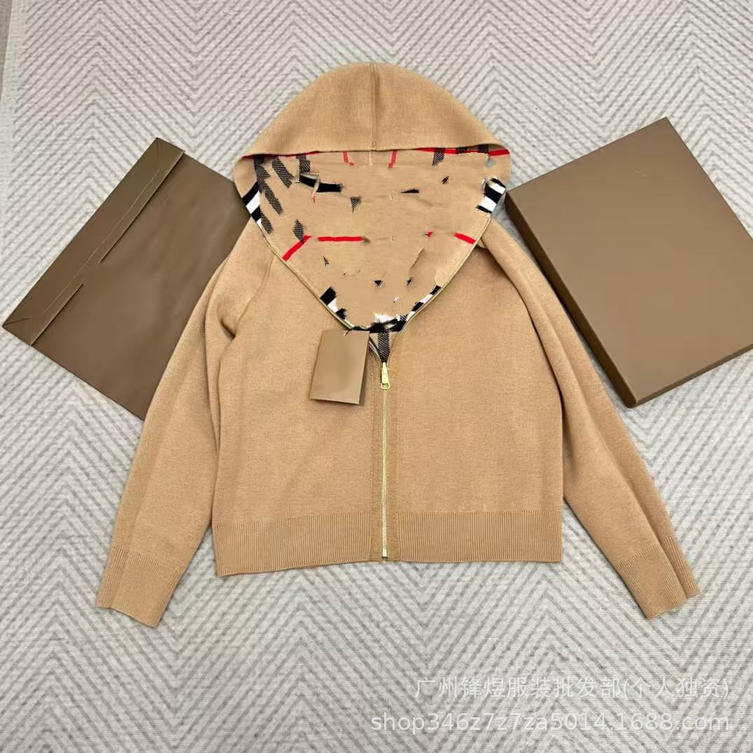 Wholesale in Stock 2025 Autumn and Winter New Style Hooded Zipper Plaid Unisex Reversible Knit Cardigan Jacket