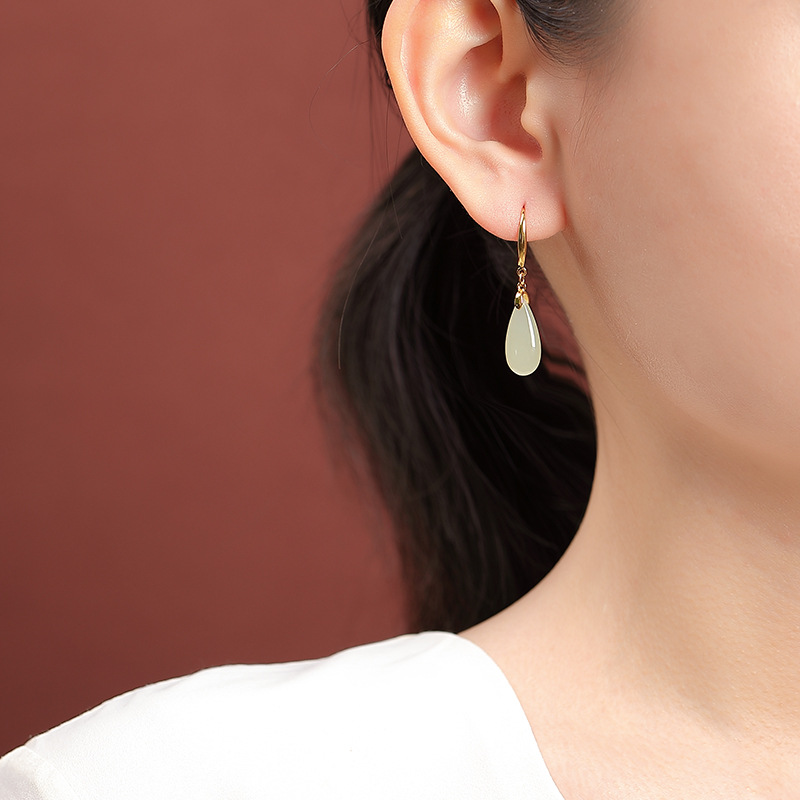 Bông tai nữ bạc S925 đính ngọc Hetian tự nhiên giọt nước retro — Một cặp