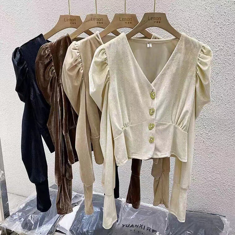 Elegant French Shirt for Women Spring High-End Design Short Gold Velvet Top Long-Sleeved V Neck Puff-Sleeved Shirt
