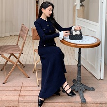2025年秋冬新款女装藏蓝色千金小香风针织长袖圆领长款鱼尾连衣裙
