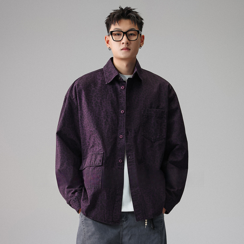 2025 New Wild and Luxurious Leopard Print Workwear Washed Long Sleeve Shirt Men's Autumn American Fashion Brand Shirt Jacket