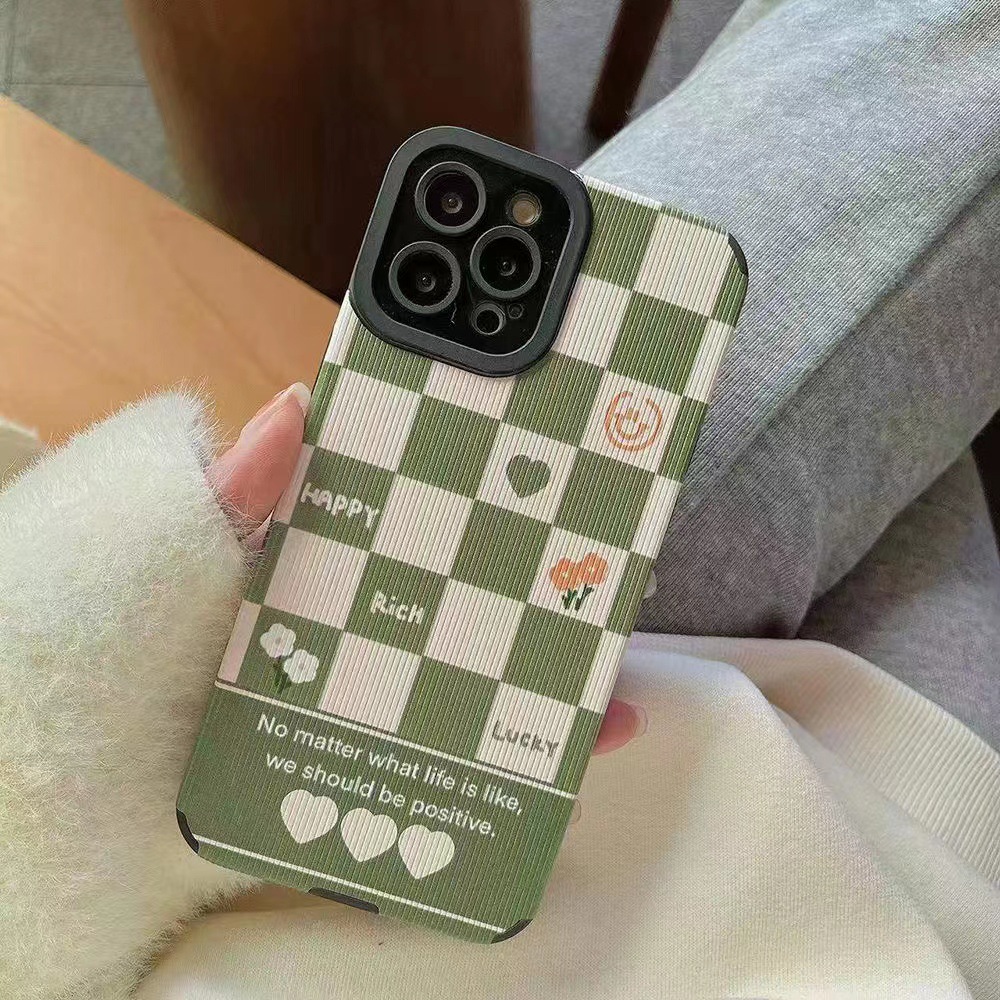 Phone Case For Iphone 13 Pro Max Apple 12 11 X Xr Green Grid Cover_voghion.com