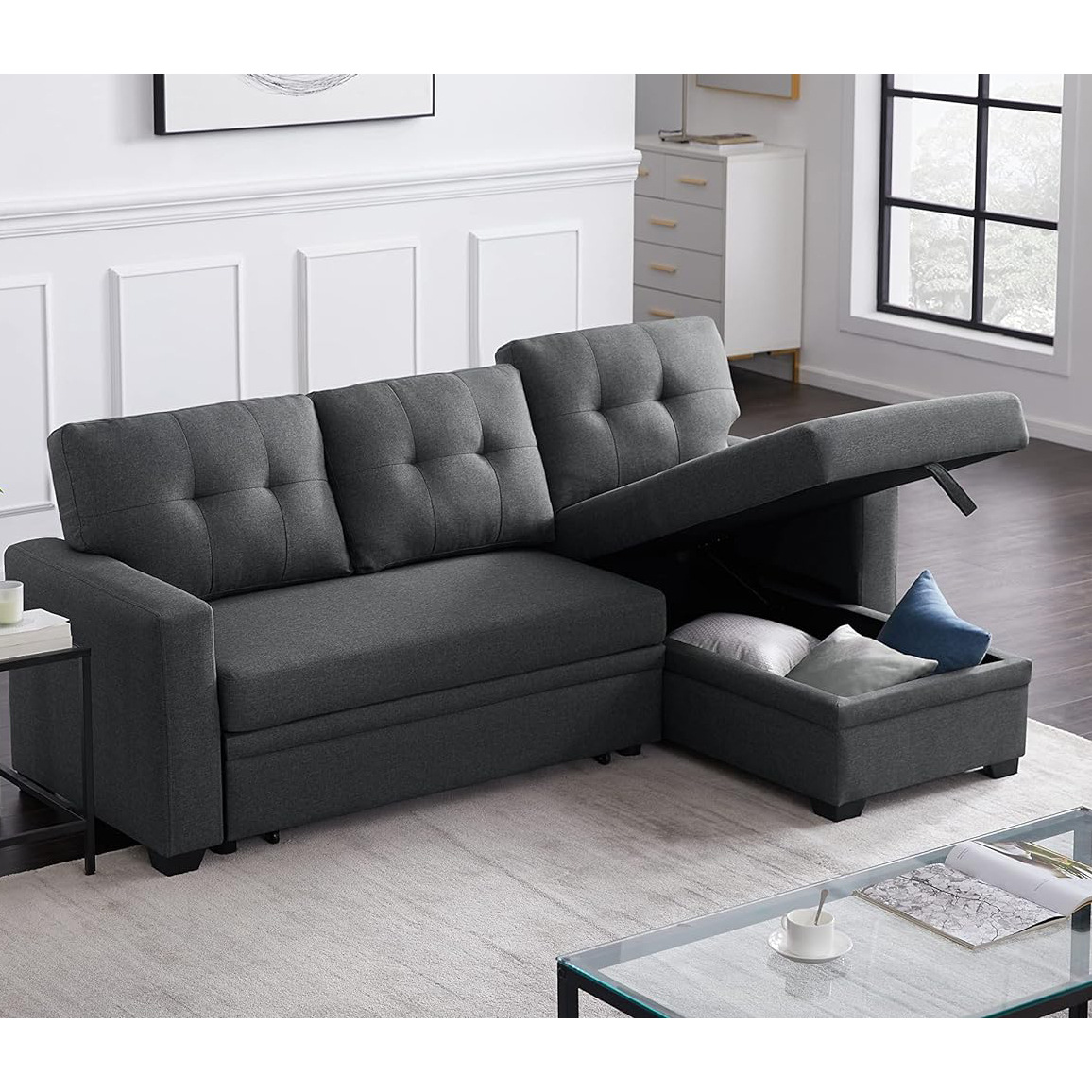 Sofá cama plegable de doble propósito, cama retráctil de sala de estar pequeña, sofá doméstico de algodón y lino, almacenamiento de madera sólida minimalista plegable
