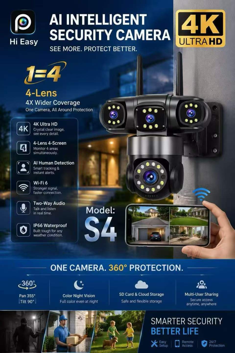 WiFi surveillance camera 4-view HD night vision PTZ