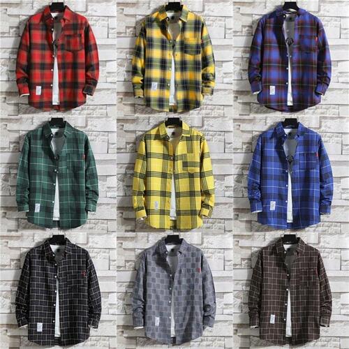2025 Men's Grid Shirt, Hong Kong Style, Outerwear, Korean Version, Trendy and Versatile, Ethereal Long-Sleeve Shirt
