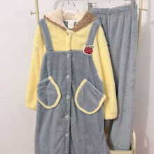 黄色背带小熊睡衣女秋冬季加厚珊瑚绒连帽睡袍两件套美少女家居服