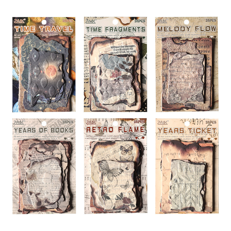 ZABC Cross-border Toppan Relief Craft Retro Brasas Serie Material Papel Retro Sombra de fuegos artificiales 6 modelos 28 hojas