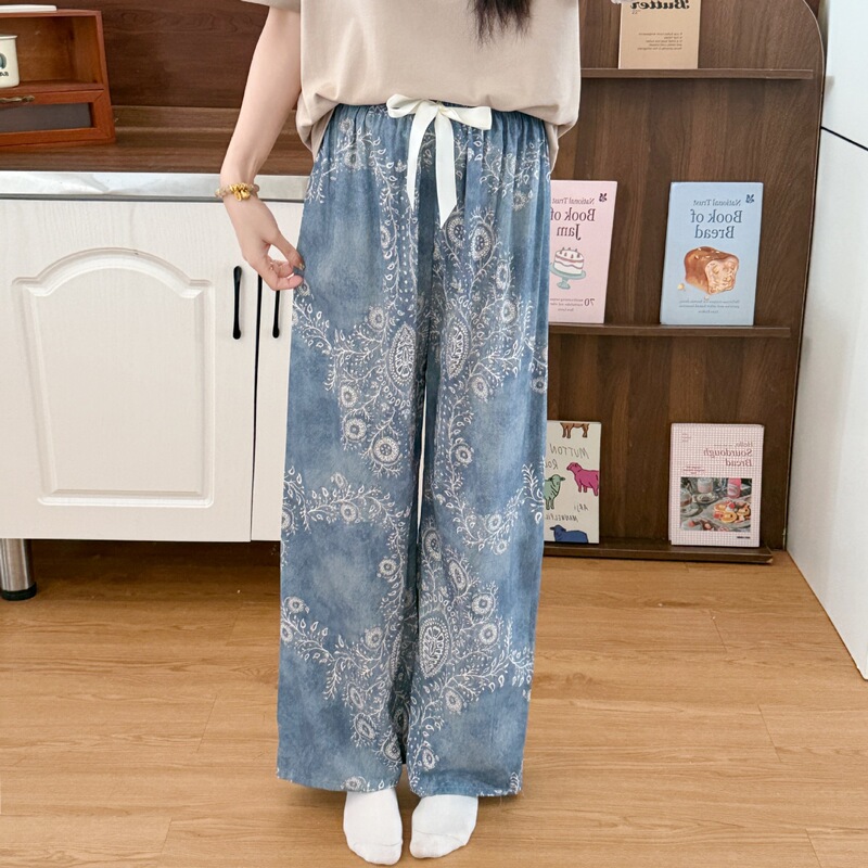 Summer Cotton Silk Women's Single Pajama Pants Wide Leg Pants Loose Thin Outer Wearing Comfortable Artificial Cotton plus size Floral for Pregnant Women