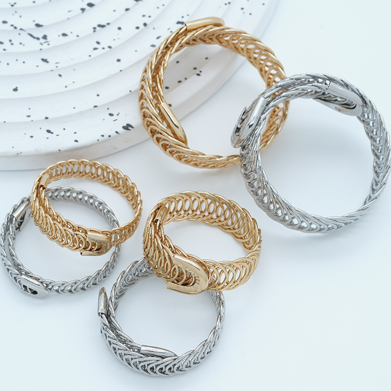 跨境欧美金属手镯编织麻花戒指手环双层可调节圆圈时尚弹簧手饰