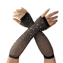 Flashy Diamond Long Mesh Skateboard Half Finger Grid Gloves Black Elastic Colorful Diamond Fishnet Gloves with Glittering Emotional Fun Fashion