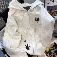 甘いクールな日本のかわいい猫のプリントと帽子の女性の秋冬のゆったりした怠惰な風のジッパーのカーディガンのコートins