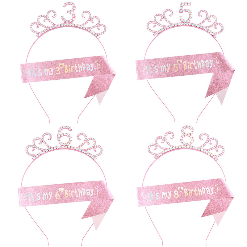 Pink Birthday Hair Band Girl Headwear Crystal Children Princess Crown Photo Hair Band Party Girl Hair Ornament Headband
