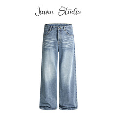 JIAMU猫须美式高街baggy jeans牛仔裤男女直筒阔腿宽松中性垂感