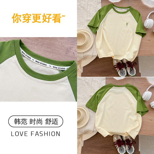 Xiaoku Children's Short Sleeve Medium Children's Trendy Korean Style Loose Top Children's Striped Color Crew Neck Loose Pure Cotton T-Shirt