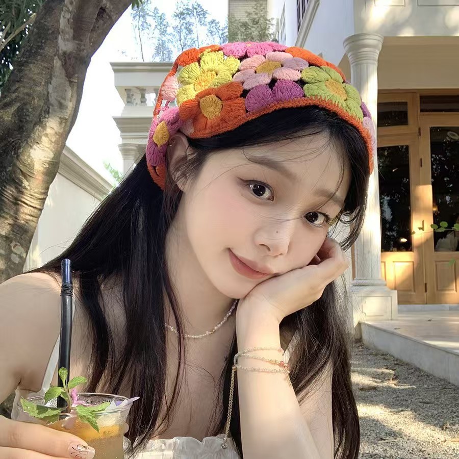 Francés vintage turbante mujer turbante triángulo de dopamina viaje dulce encantador gancho flores estilo de arte de punto de moda correa de pelo