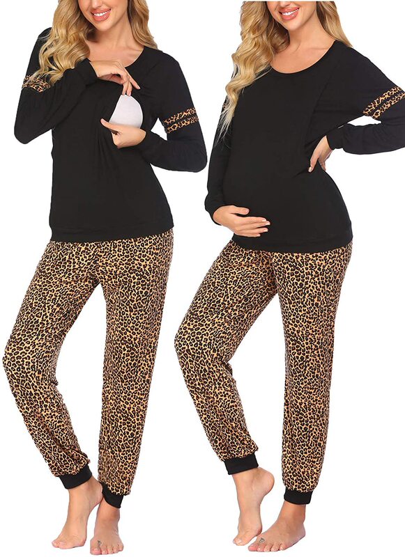 Amazon Independent Station European and American Women's Leopard Print Pregnant Women's Lactation Long Sleeve Moon Care Suit