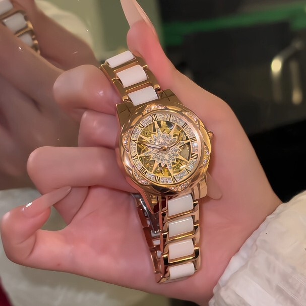 Cross-Border Live Broadcast Popular Fully Automatic Hollow Sunflower Ceramic White Women's Watch Waterproof Versatile Trendy Watch for Women