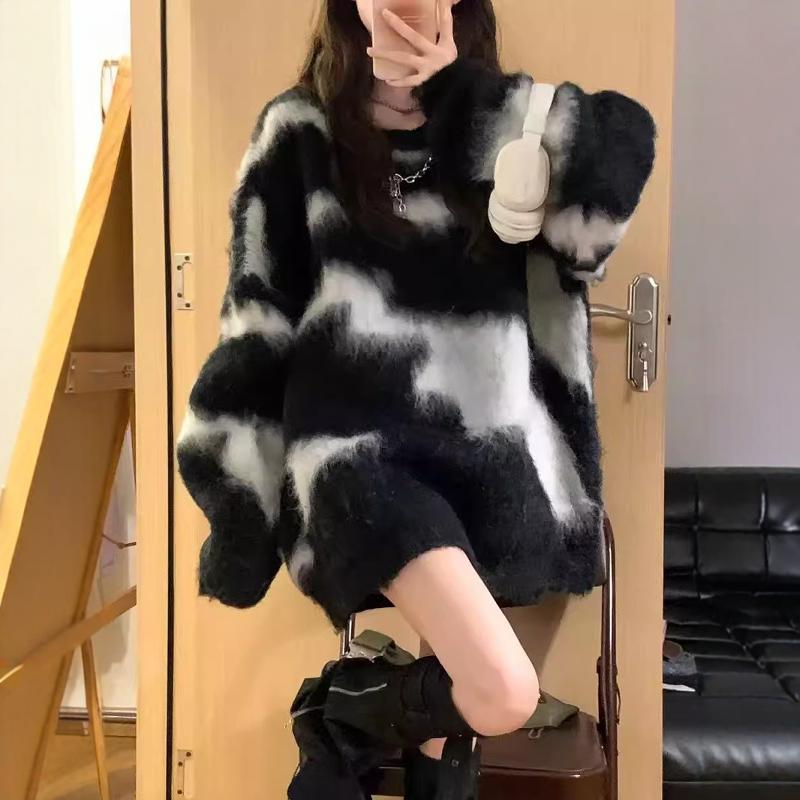 慵懒风撞色马海毛毛衣女宽松中长款软糯水貂绒套头针织衫复古上衣