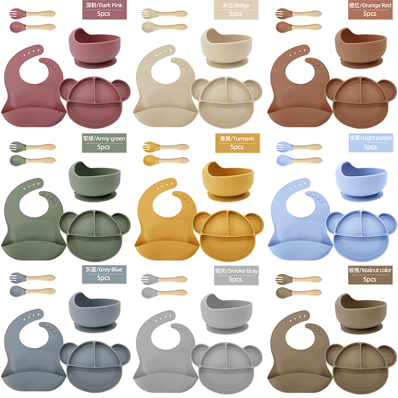 Transfronterizos de plato de silicona para niños bacon de comidas de grado alimenticio suplemento tazón cucharas de alimentación infantil cubiertos para bebés