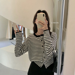 早秋2025新款百搭圆领条纹针织开衫毛衣女装气质修身显瘦上衣t恤
