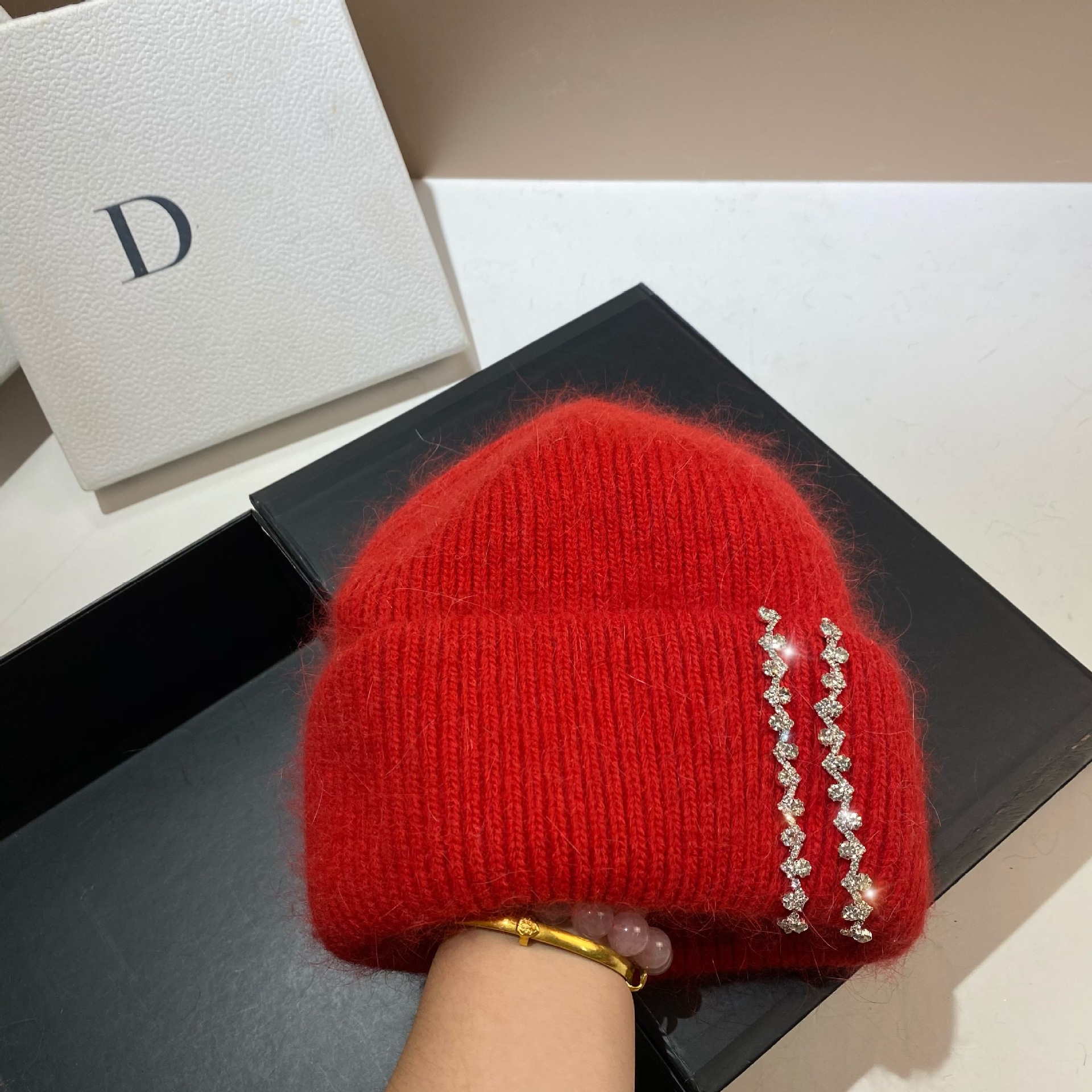 Winter-Thermomütze für den Außenbereich, langes Kaninchenhaar, doppelt gefaltete Strickmütze, Mode-Promi-Feng-Shui-Diamant-Wollmütze_voghion.com