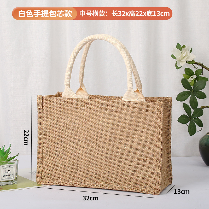 En stock bolsa de lino logotipo imprimible yute bolso de compras Muji en blanco DIY bolso de yute pintado a mano