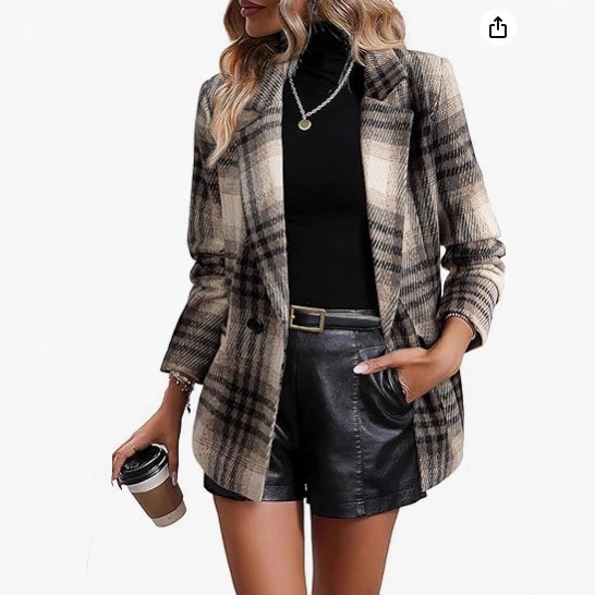 Women's Plaid Top with Classic Lapel, Double-Breasted Open-Front Jacket, Work Suit with Pockets