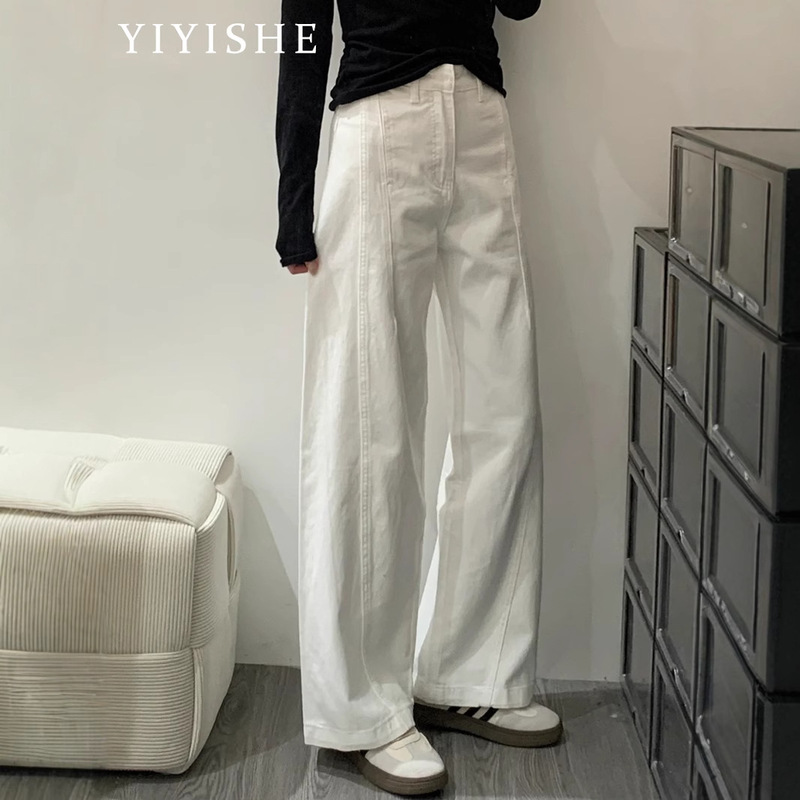白色弯刀阔腿牛仔裤女2025夏季新款美式高腰显瘦休闲镰刀直筒裤子|undefined