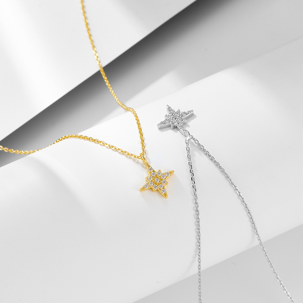 Nuevo estilo completo diamante ocho Awn estrella collar de plata pura mujer europea y americana ins nicho diseño versátil colgante de cadena de clavícula de alto grado