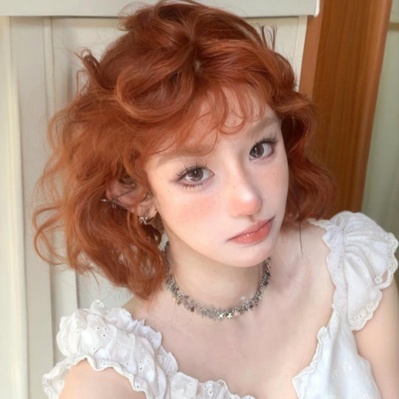 日系橘色假毛女短发网红复古卷卷刘海羊毛卷假毛增发自然全头套女|undefined