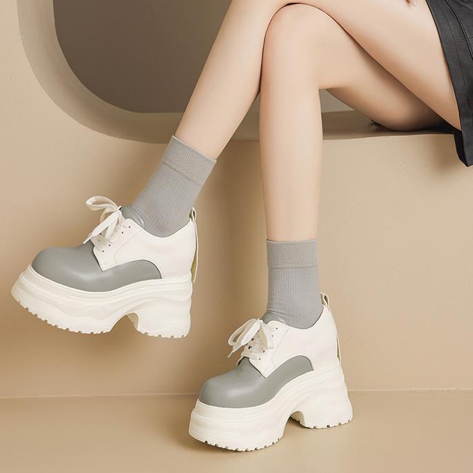Giày sneaker nữ chunky đế dày phối màu mùa thu 2025, da bò thật, tăng chiều cao 12cm, buộc dây — Màu đen, Màu xám trắng, Màu trắng