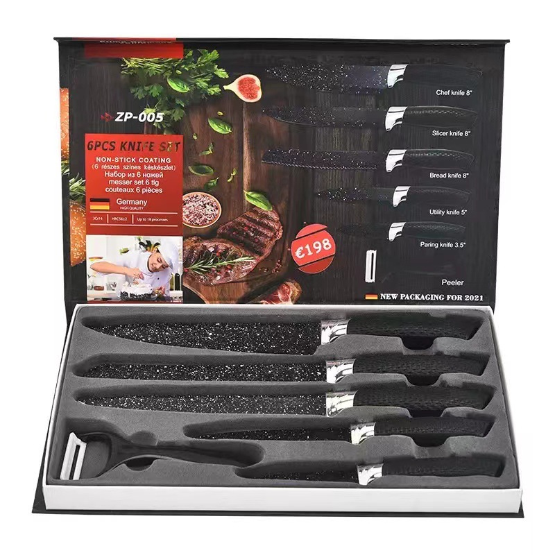 Fábrica al por mayor maifan cuchillo de cocina de piedra conjunto de seis piezas cielo estrellado pintura en aerosol malla mango conjunto cuchillo