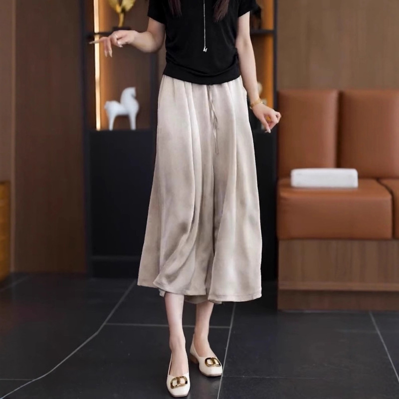 New Chinese-Style Drapey Skirt Pants for Women, 2026 Summer Casual High-Waisted Slimming Satin Elegant Ice Silk Wide-Leg Pants Skirt