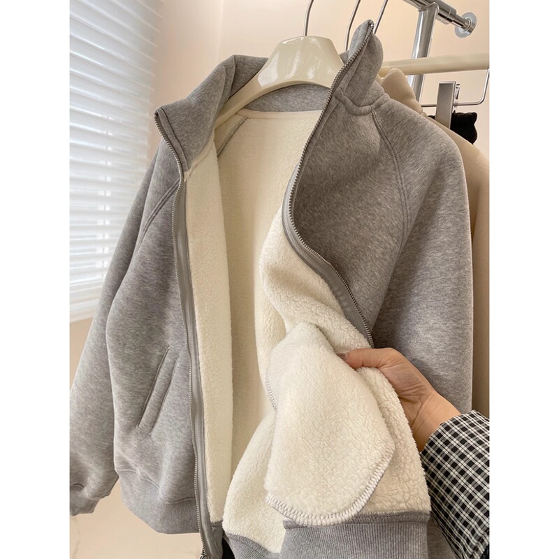 Winter small heater! Thickened Lambskin Sweater Jacket Women's Commuter All-match Warm Casual Collar Zipper Cardigan