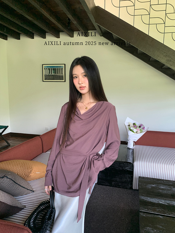 爱西里2025秋法式高级感气质挂脖飘带荡领宽松长袖衬衣女A1387|undefined