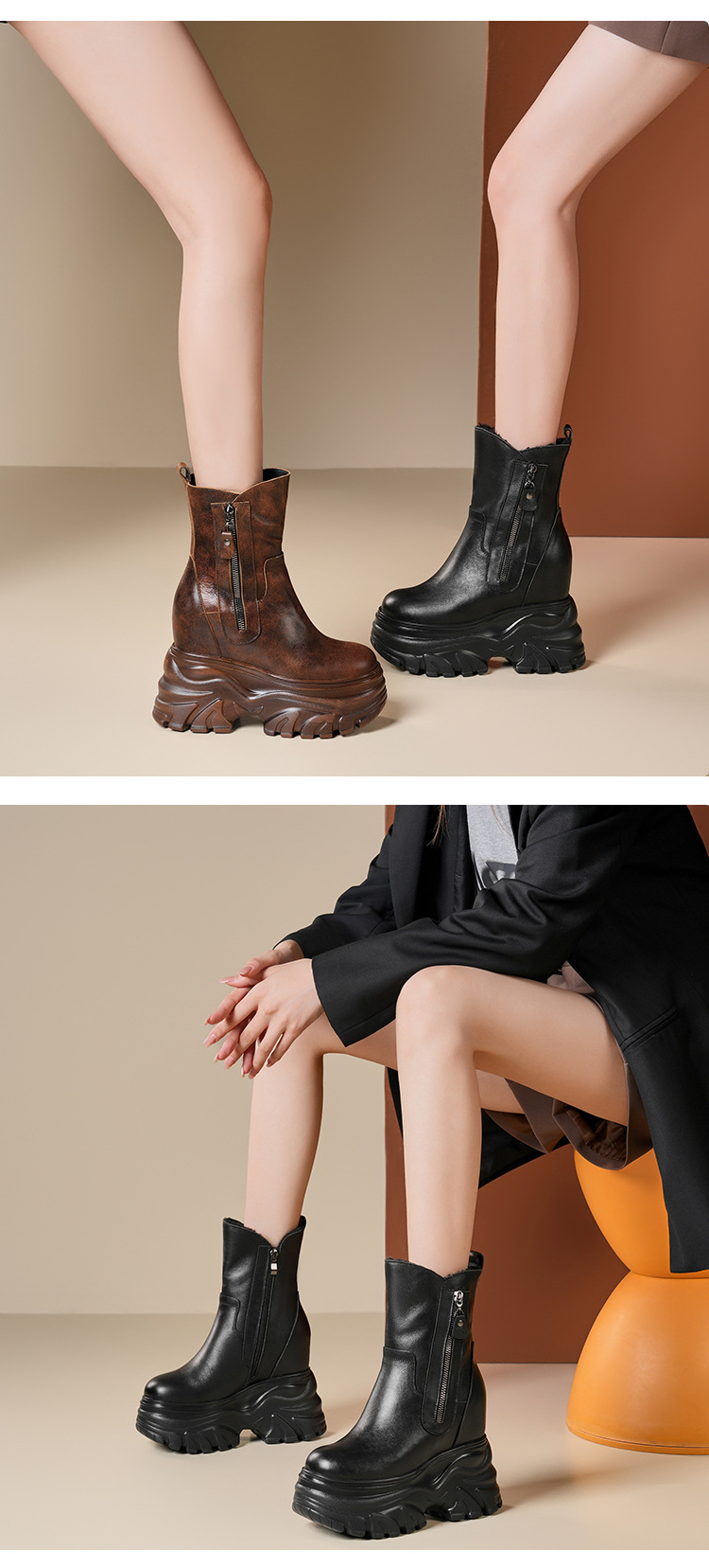 Boot nữ cổ thấp đế tăng chiều cao 14 cm phong cách cổ điển, dáng ôm chân, mũi tròn — Lót nhung đen chi tiết 1