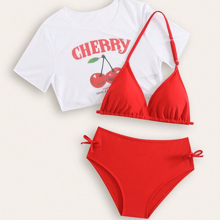 Dreiteiliges Bikini-Set für Mädchen, niedlicher Zweiteiler mit Cartoon-Print und Crop-Top für Kinder und Teenager, weiches, schnelltrocknendes Material_voghion.com
