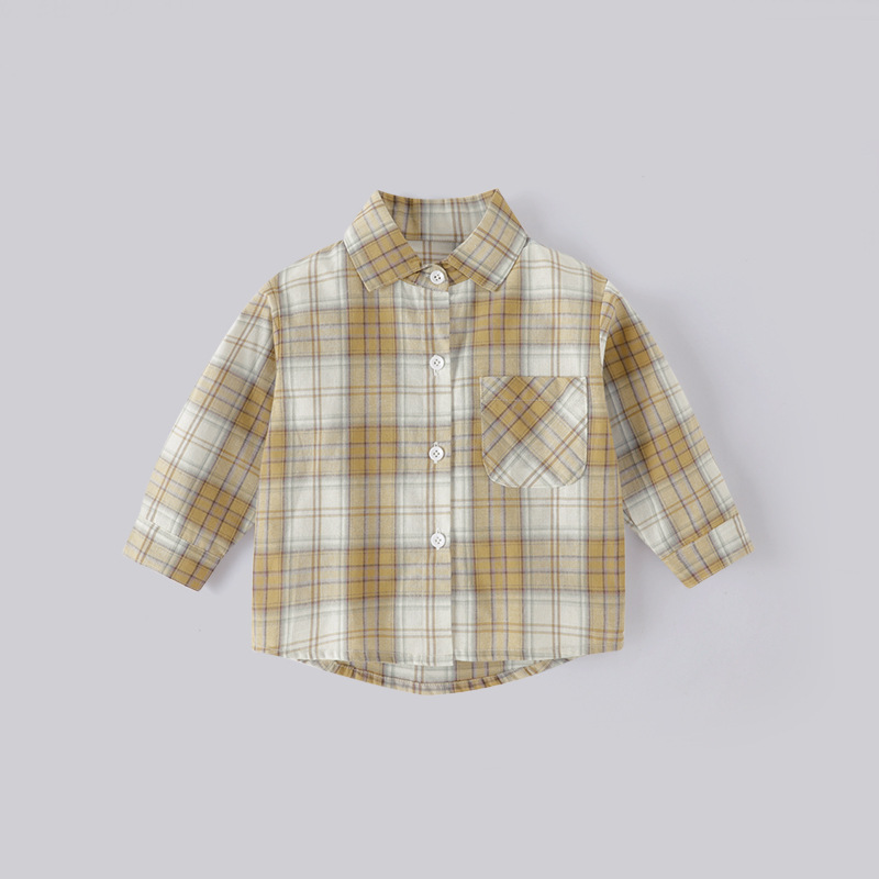 Boys' long-sleeved plaid cotton breathable undershirt, spring and summer children's casual shirt, collared cardigan, drop shipping available.