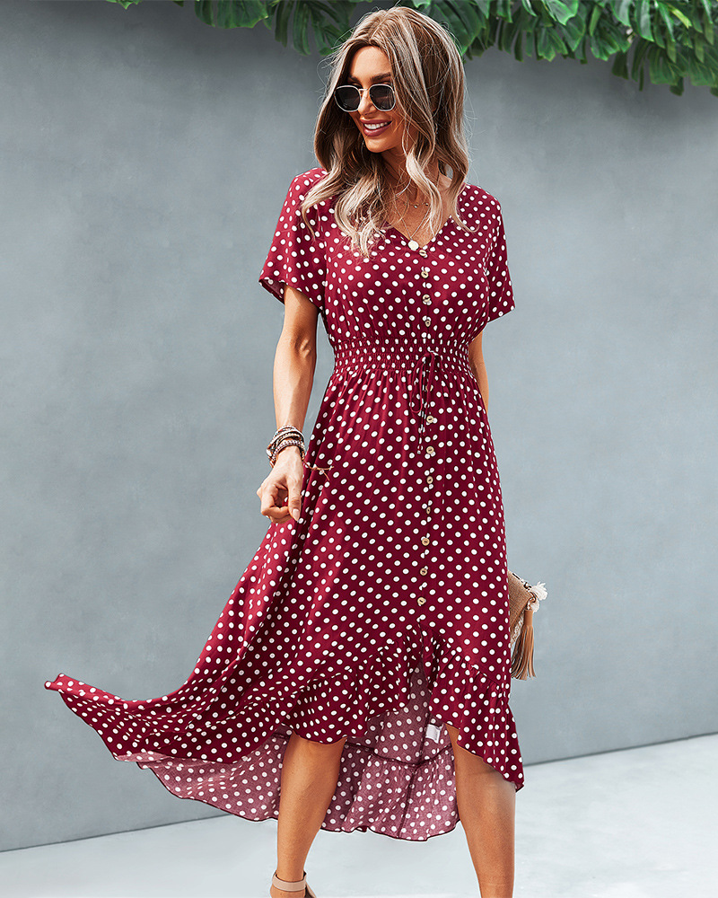 Short-Sleeved V-Neck Polka Dot Single-Breasted Dress NSDY100682